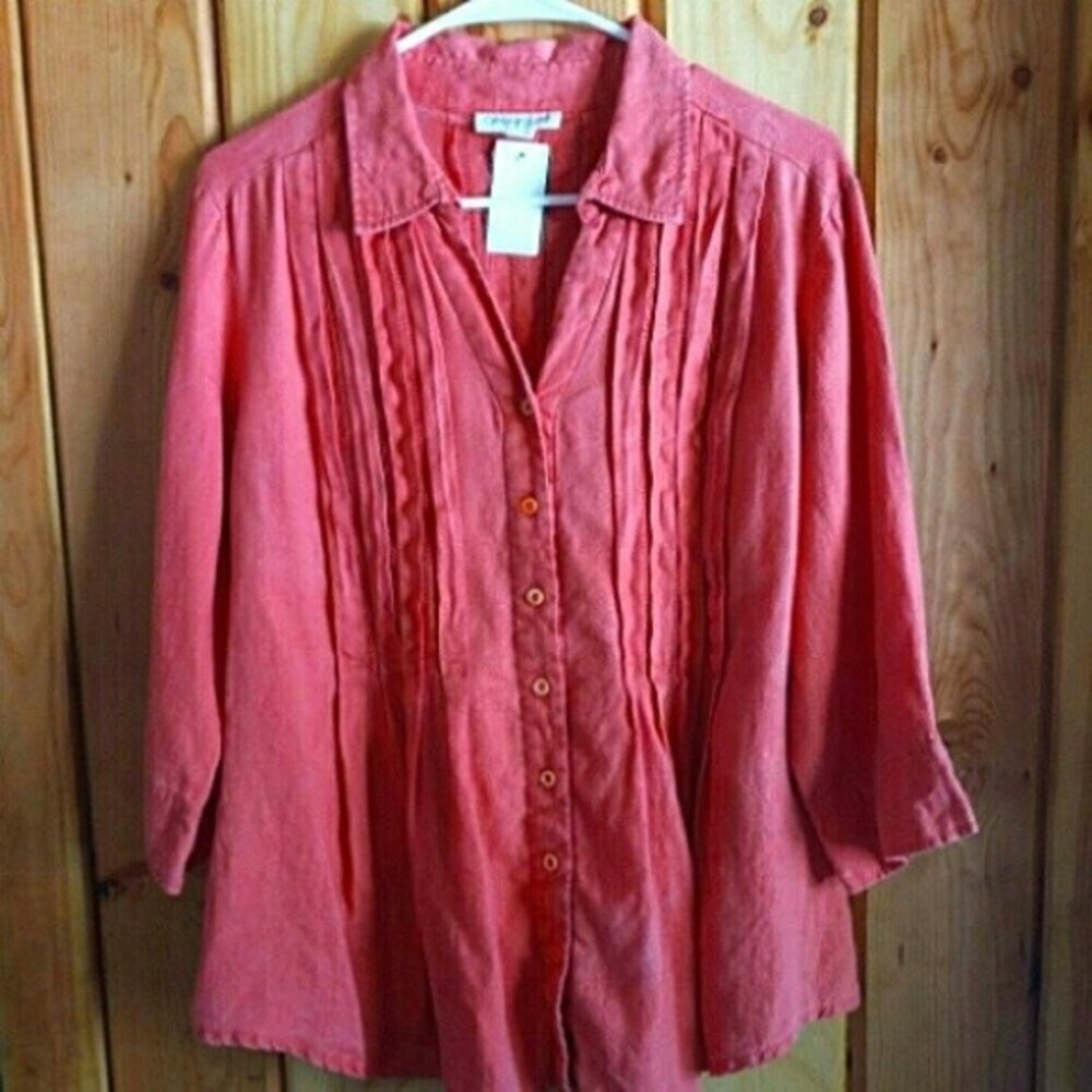Coldwater Creek 100% Flax Linen Pink Button Up Blouse | Long Sleeve Ruffle |